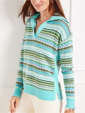 Talbots Fair Isle V-Neck Sweater in Aqua and Green